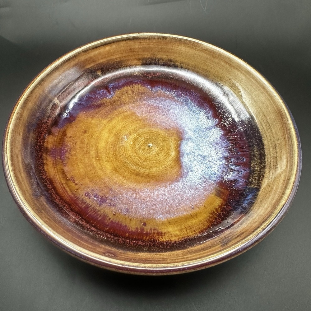 Vintage Studio Pottery Bowl Signed Drip Glaze Blue Purple Earth Tones